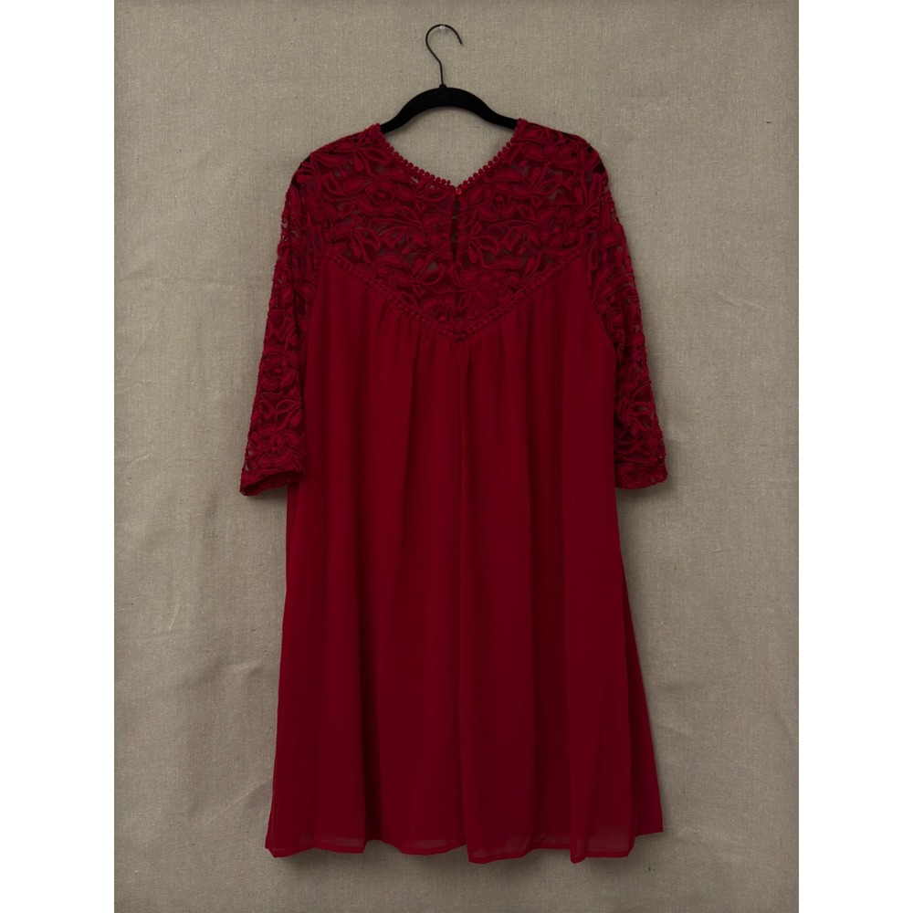 AUW Womens Red Lace Chiffon Shift Dress Plus Size 2X 3/4 Sleeve Keyhole Back - Picture 2 of 4